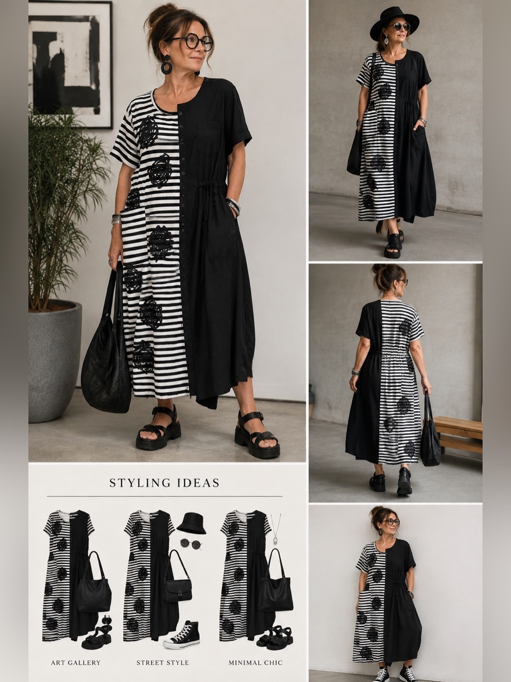 RUNDHOLZ BLACK LABEL Black & White Asymmetrical Striped Dress M Lagenlook Artsy